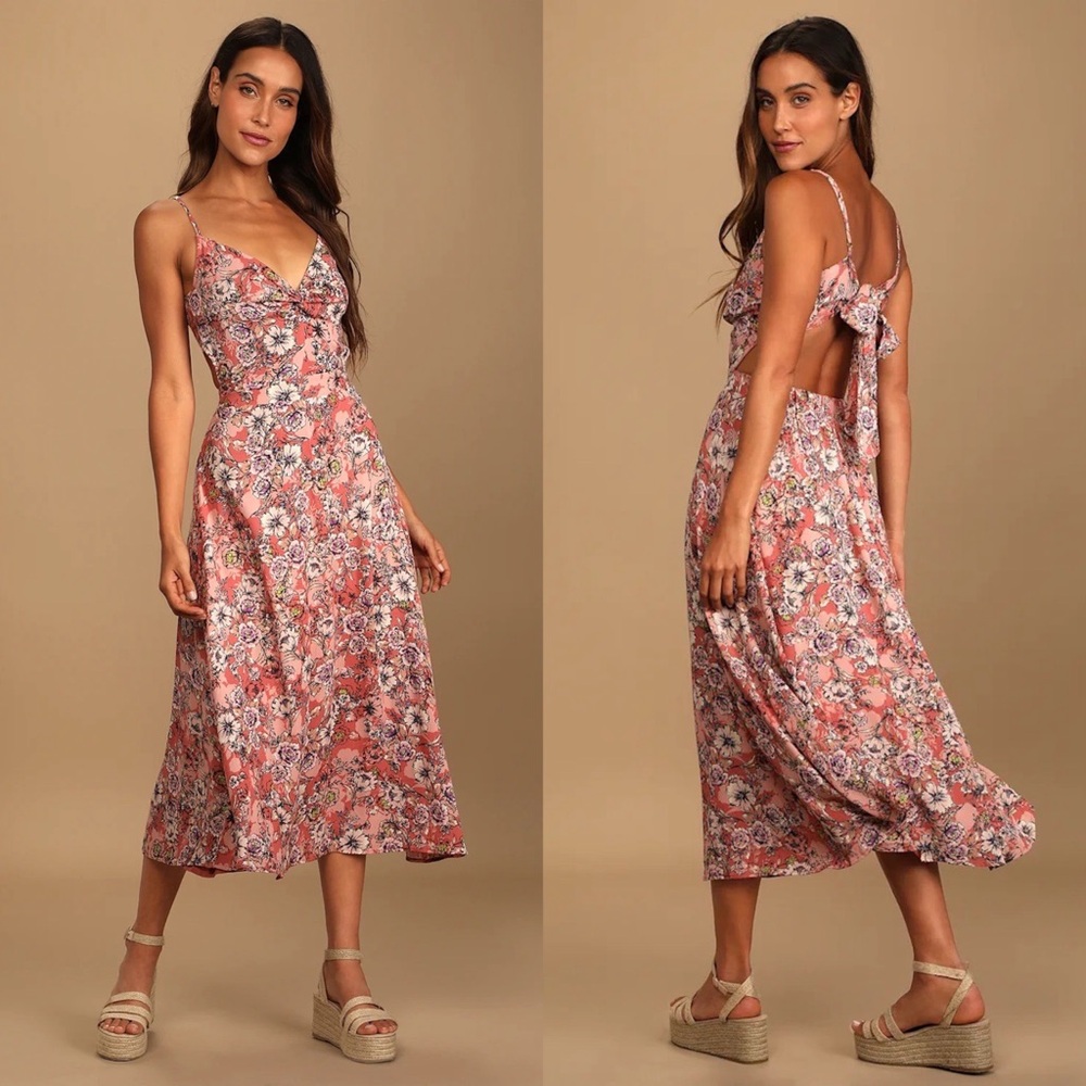 Lulus Ties With You Rose Pink Floral Tie-Back Midi Dress Size Medium Open Back